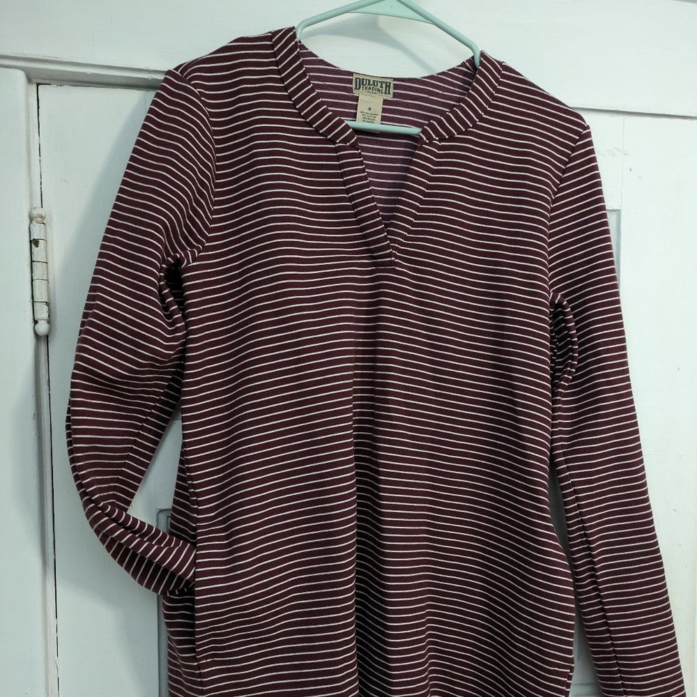 Duluth Trading Co Ponte Pro Maroon Striped Pullover Knit Dress Small